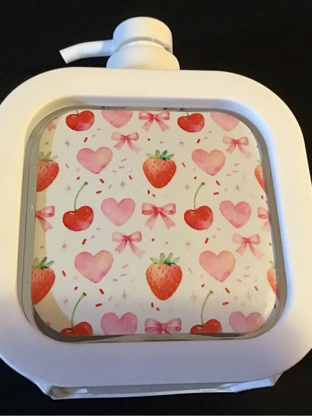 White Pump Bottle with Pink Strawberry & Heart Print